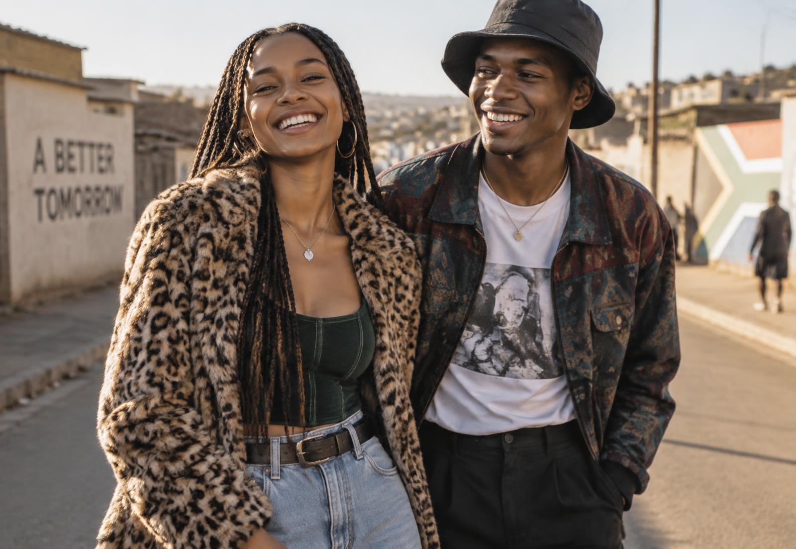 Two shoppers wearing pre-loved outfits on a South African street